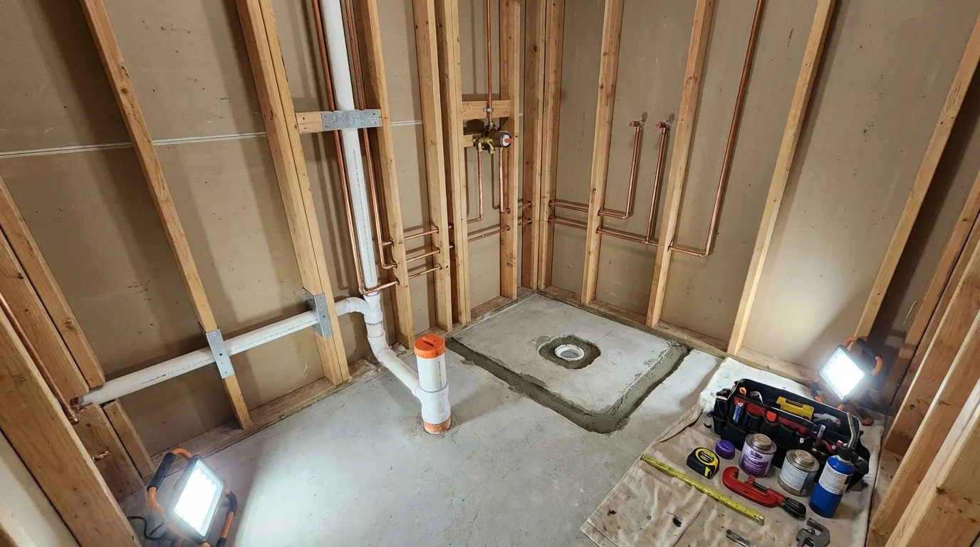 Bathroom rough-in plumbing during remodel by Johns Plumbing LLC in Tye