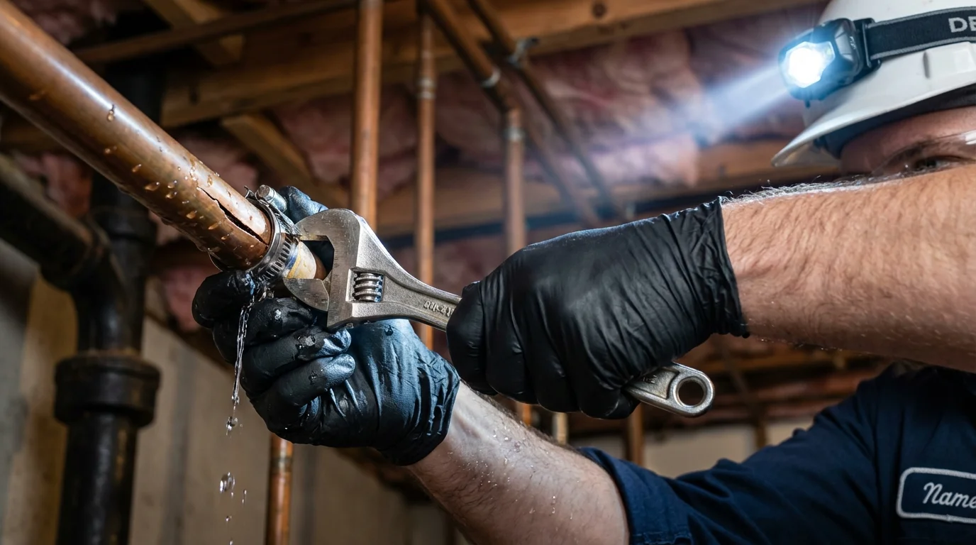 Emergency pipe clamp repair being performed by a Johns Plumbing LLC plumber in Tye