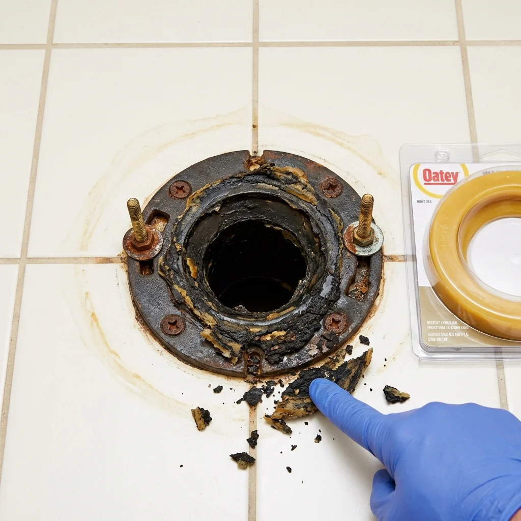 Failed wax ring showing water seepage at the base of a toilet in a Tye, TX home