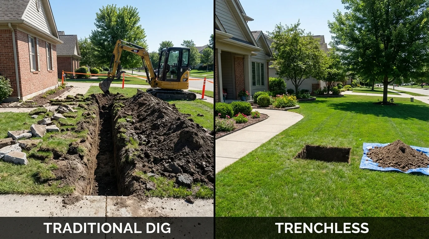 Trenchless sewer repair with minimal yard damage versus traditional excavation in Tye, TX