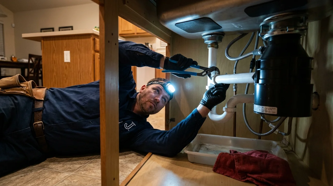 P-trap and supply line connections under a kitchen sink showing a common leak point in Tye, TX